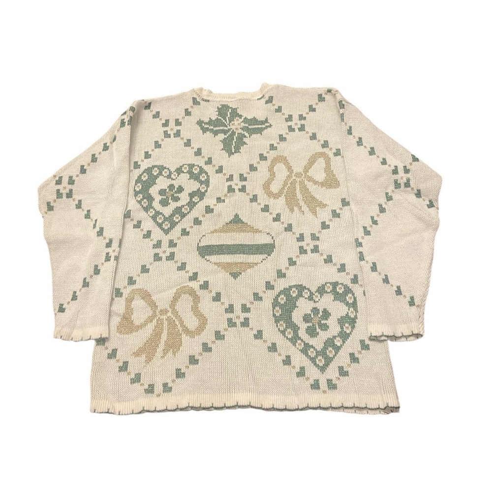 VTG Christmas Sweater S Mistletoe Glitter Ornaments Holiday Bow Gold‎ Green - Picture 2 of 7